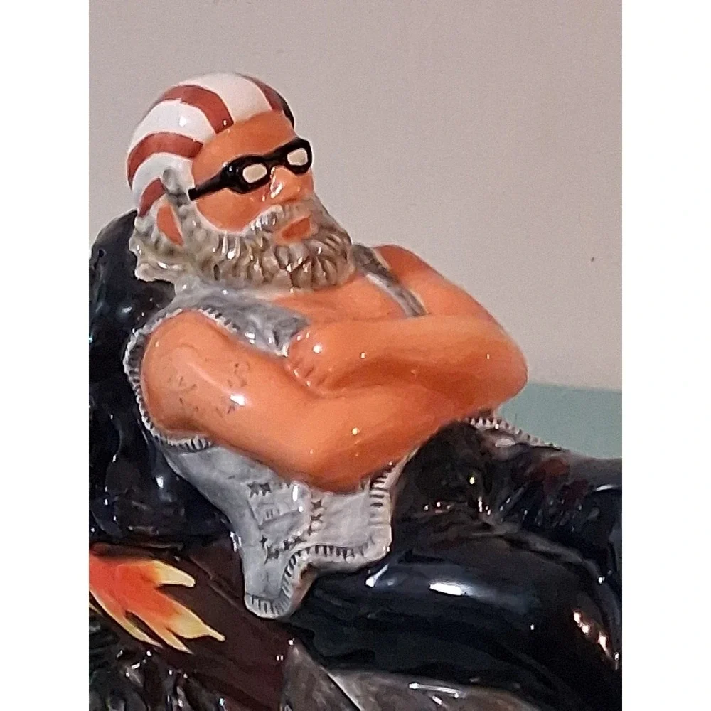Vintage Biker Motorcycle Ceramic Cookie Jar Reclining Rider Flame Detail Novelty